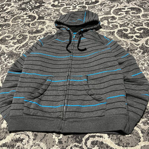 Route 66 sherpa Hoodie Gray Blue Striped Zip up retro Y2K skater older brother
